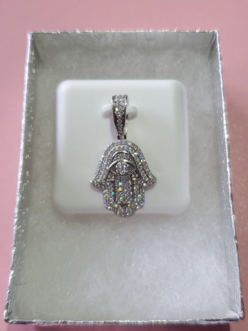 NWT Solid 925 Sterling Silver Iced Out VVS D Moissanite Hamsa w/Evil eye Pendan